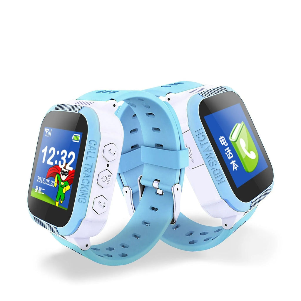 Blue and Pink children's phone watch showing 1.44-inch IPS screen on a wrist.