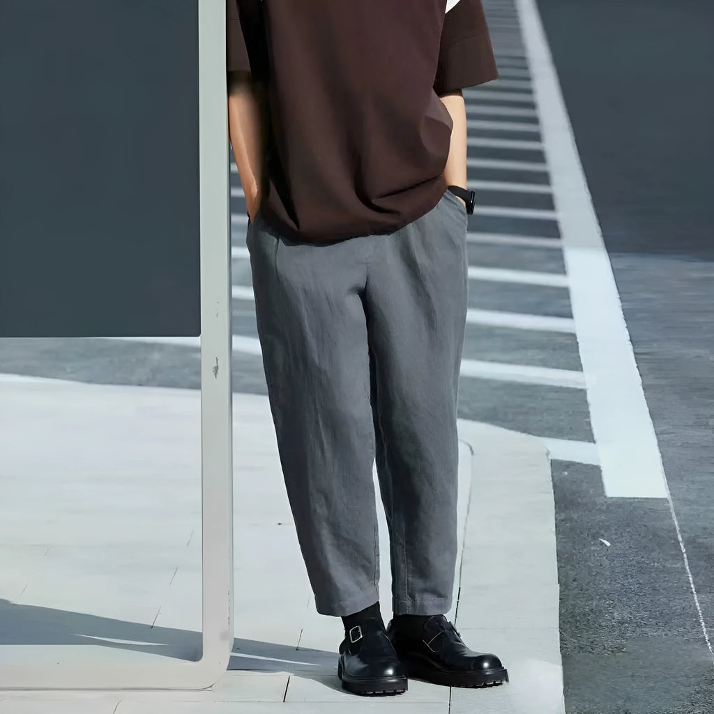Men's loose straight leg casual trousers with drawstring waist in beige, black, green, grey, and navy blue colours