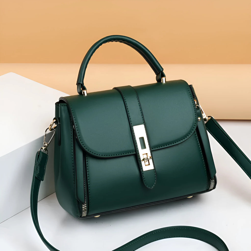 Soft PU leather women's messenger bag in a square vertical shape, shown in one of four colours.