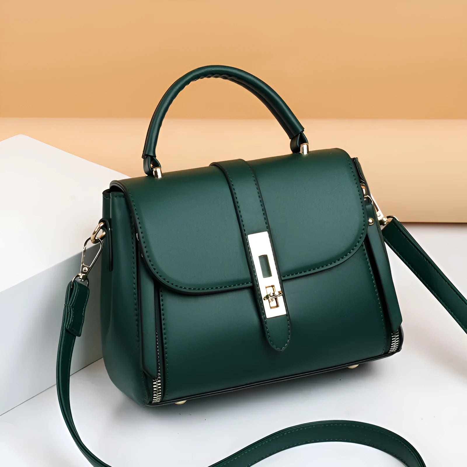 Soft PU leather women's messenger bag in a square vertical shape, shown in one of four colours.