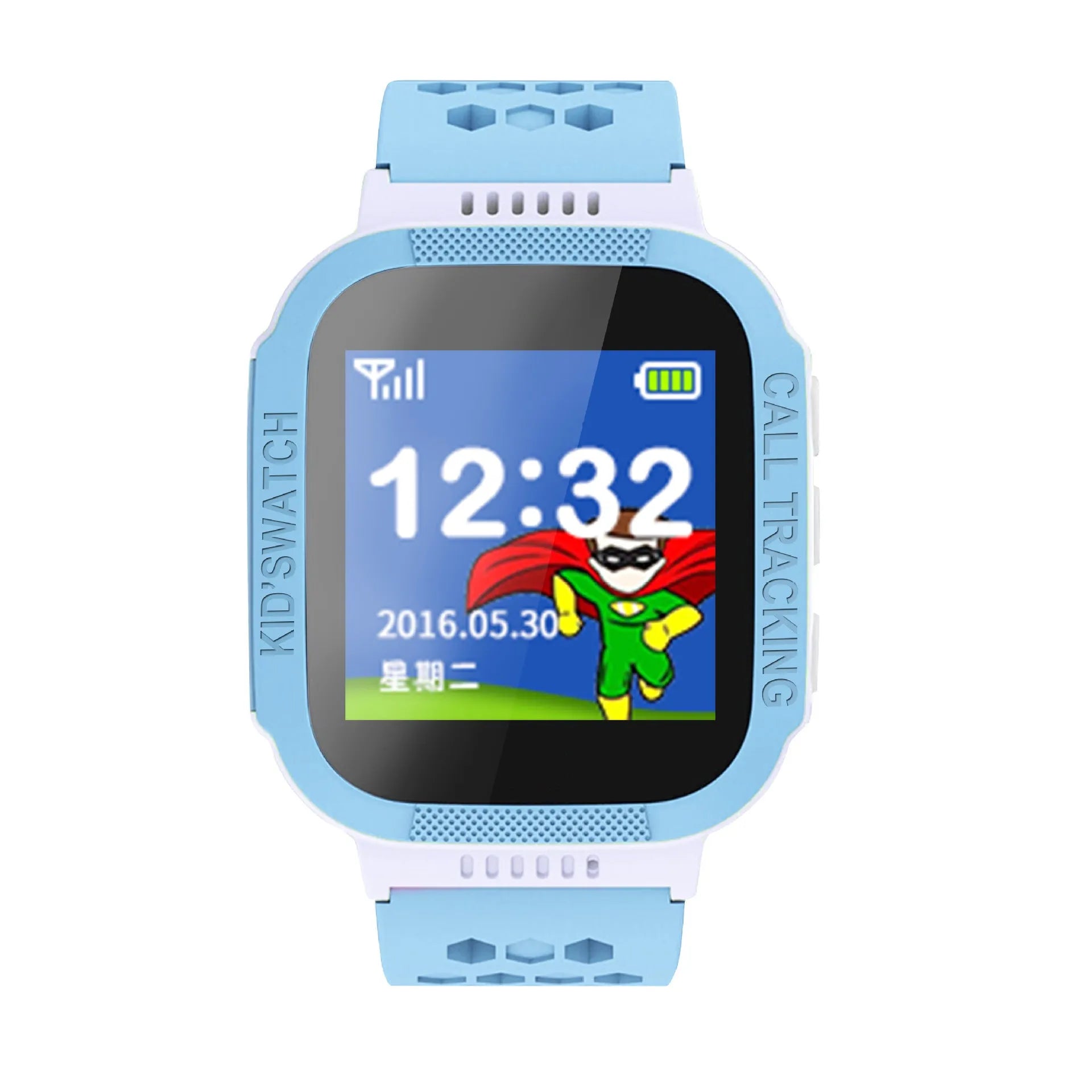Blue and Pink children's phone watch showing 1.44-inch IPS screen on a wrist.