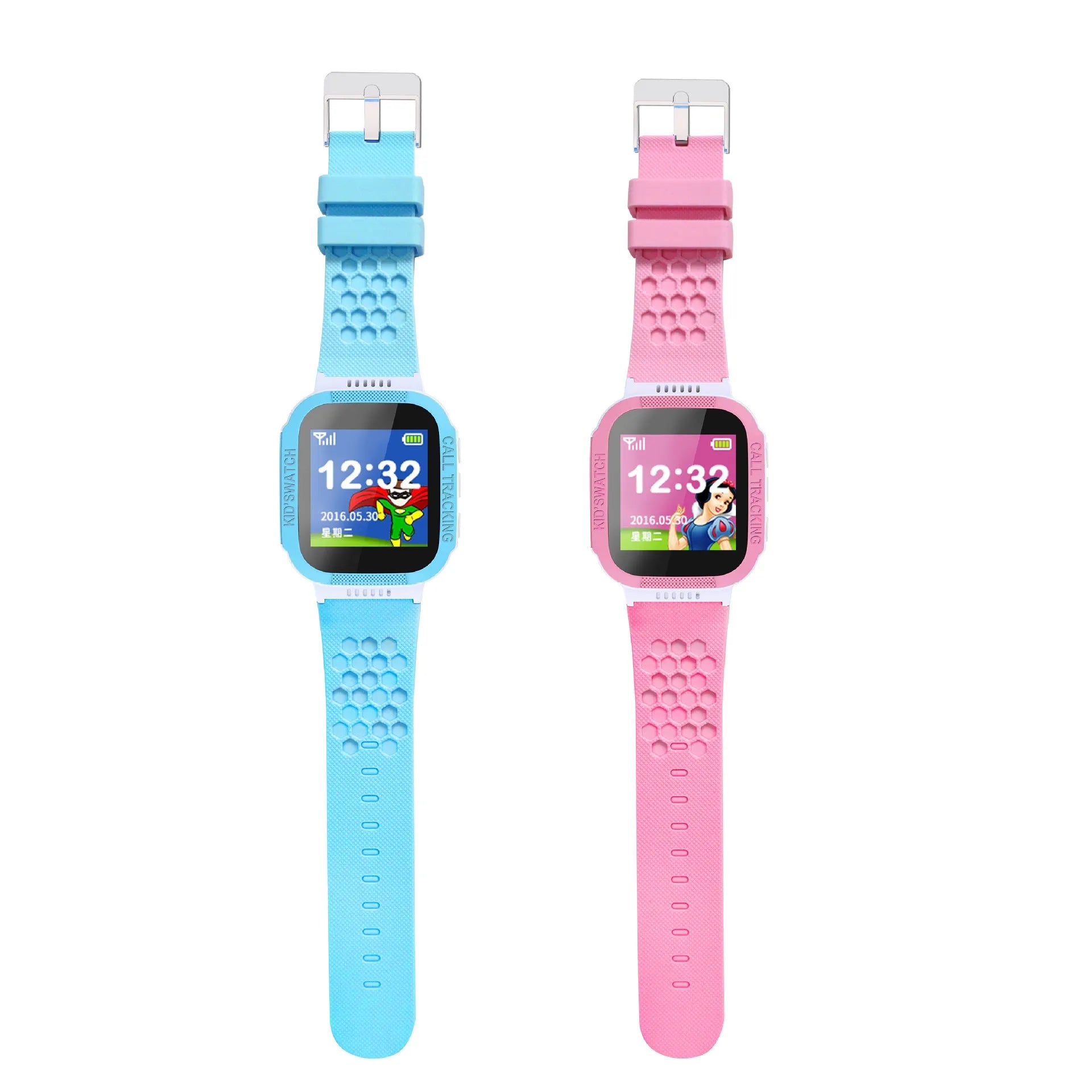 Blue and Pink children's phone watch showing 1.44-inch IPS screen on a wrist.