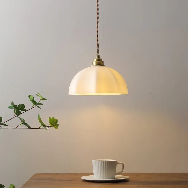 Small brass Chinese style droplight with copper glass shade for bedroom or dining room