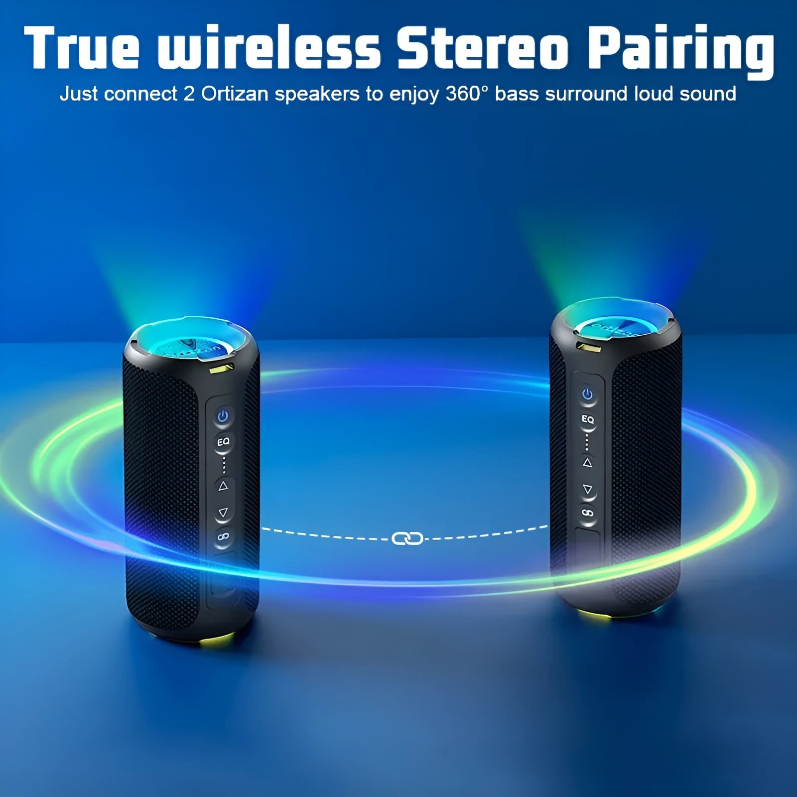 Black and blue fabric wireless Bluetooth speaker with 40W power and waterproof rating