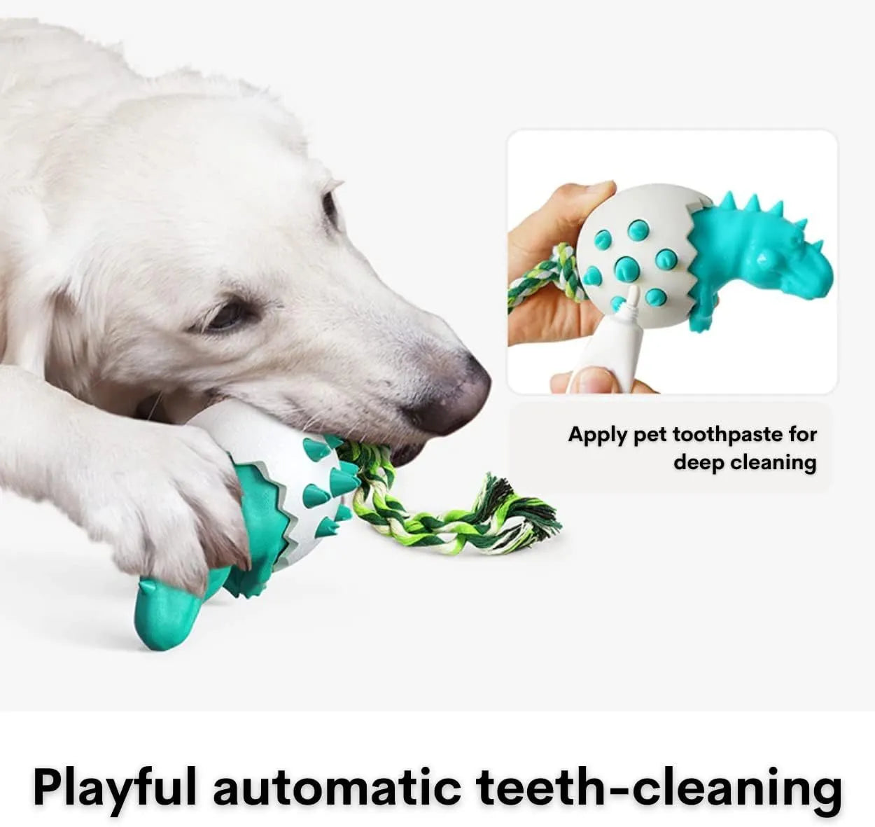 Blue durable dinosaur-shaped dog chew toy with an integrated rope and textured surface for dental care.