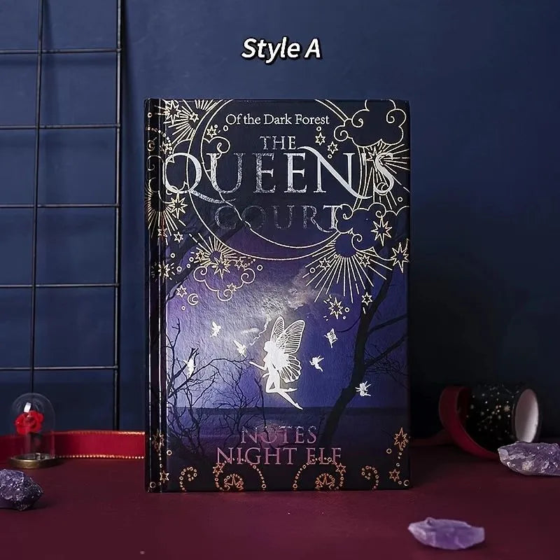 Blue and purple A5 luminous hardcover notebooks with Night Elves design, open to show full-colour illustrated pages.
