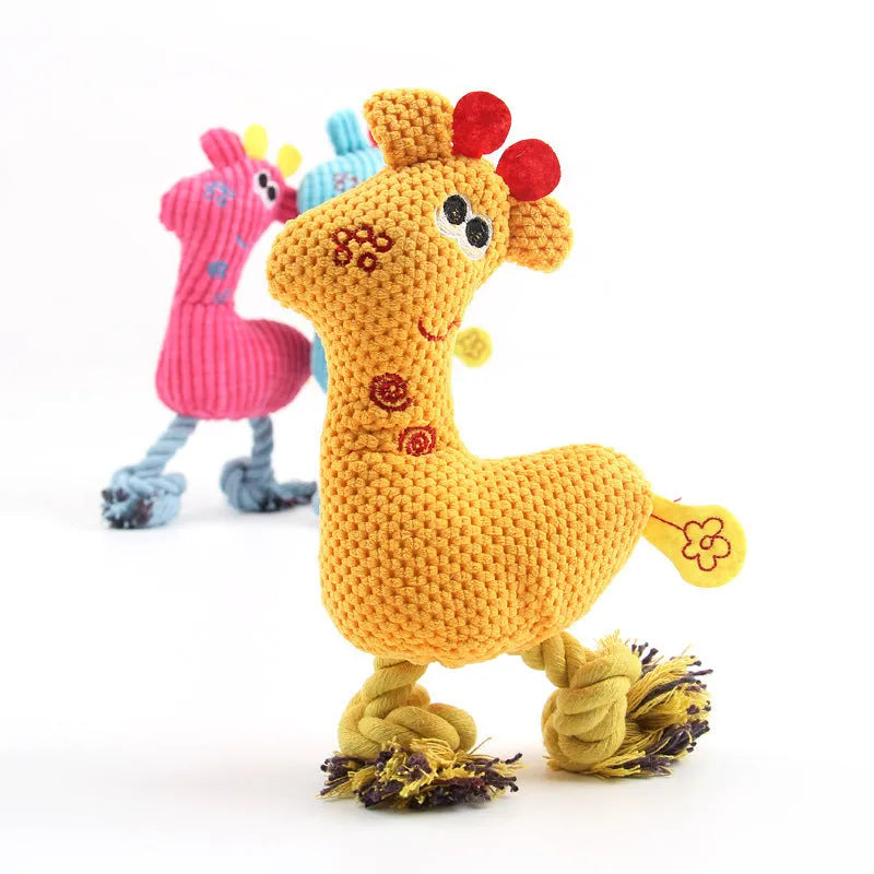 Blue deer-shaped plush dog toy with corn grain texture, shown next to a measuring tape indicating 24 cm length.