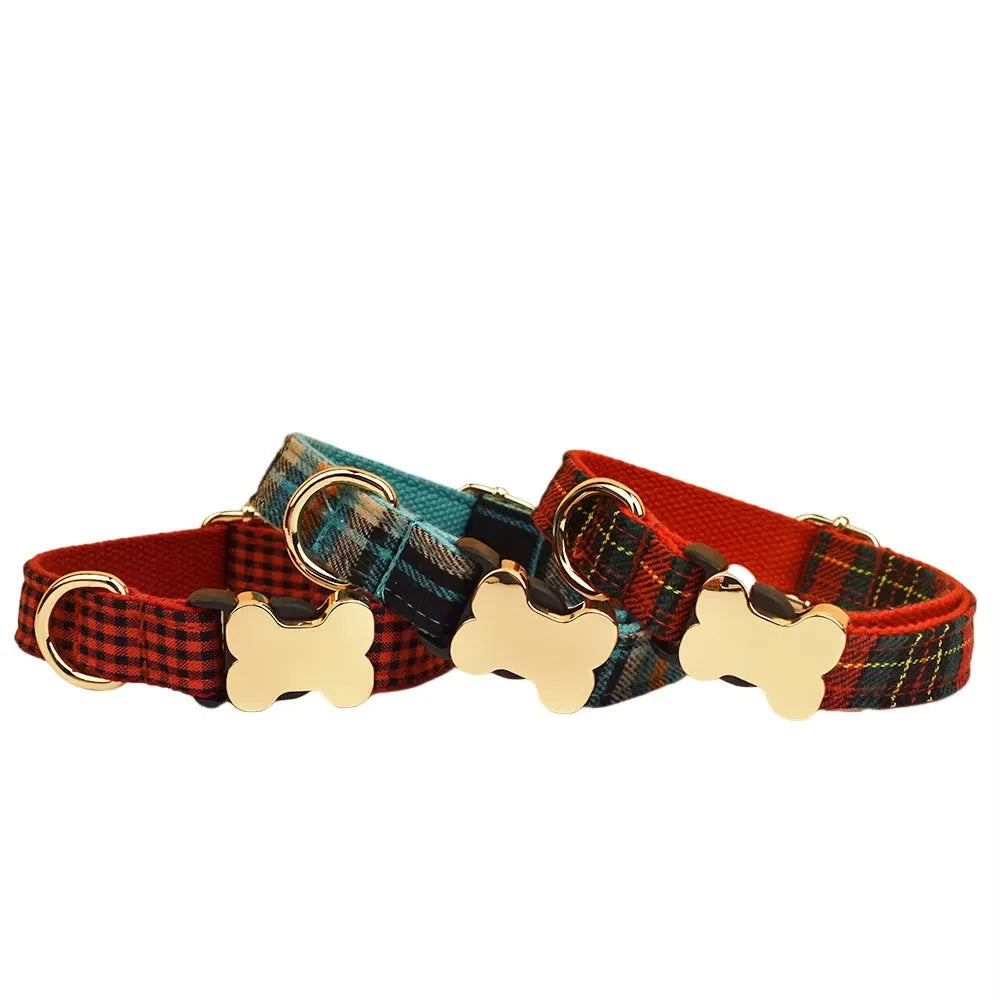 Flat nylon dog collar with grid pattern print and bone-shaped buckle in adjustable sizes