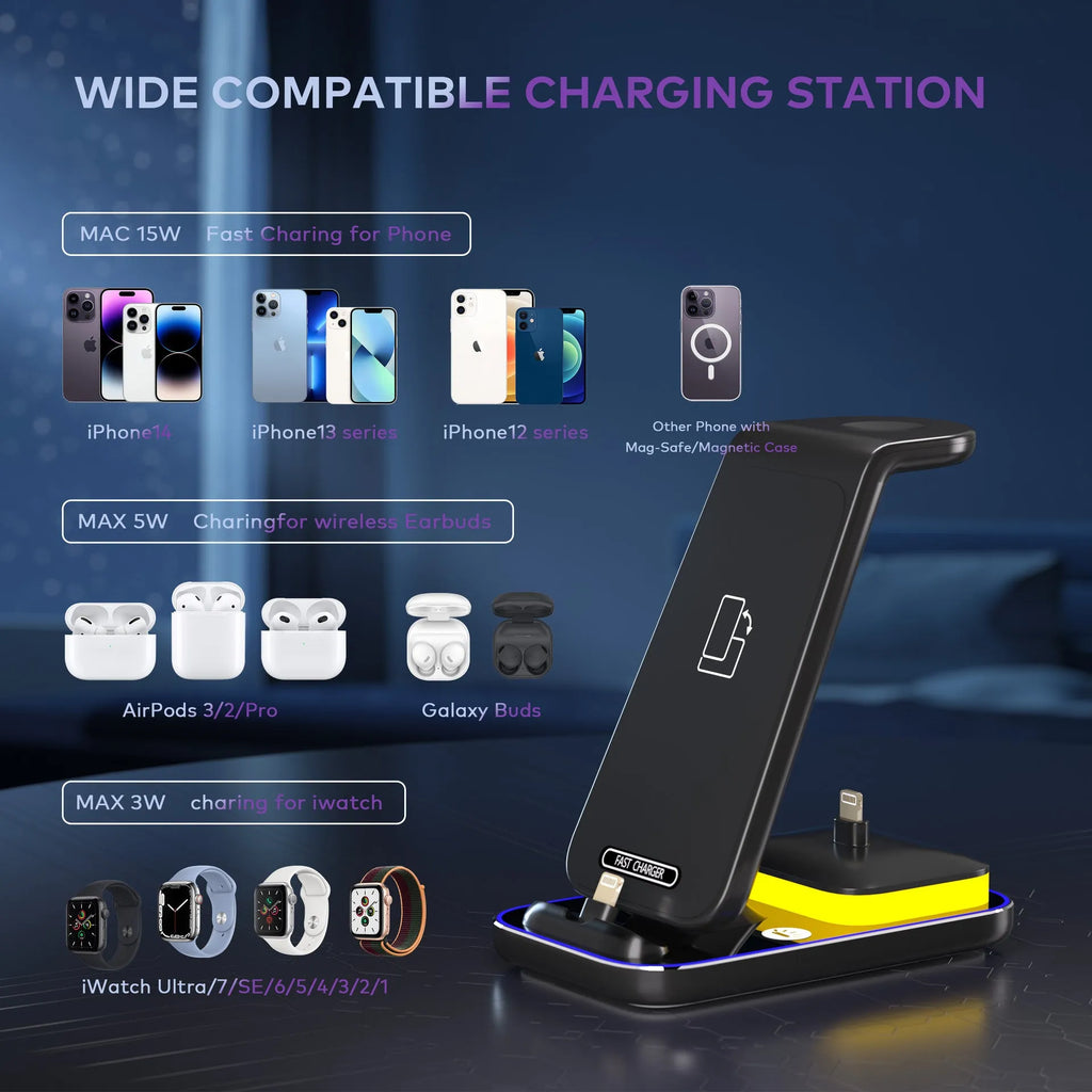 Black vertical wireless charging stand holding a mobile phone, with separate charging pads for an Apple Watch and wireless earbuds.