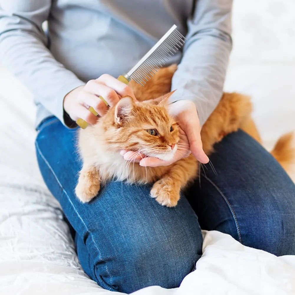 Wooden handle pet grooming comb for dogs and cats in single, double, and high-low tee designs.
