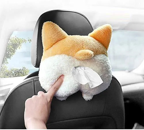 Yellow soft corgi butt shaped tissue box cover with elastic strap for car sun visor.