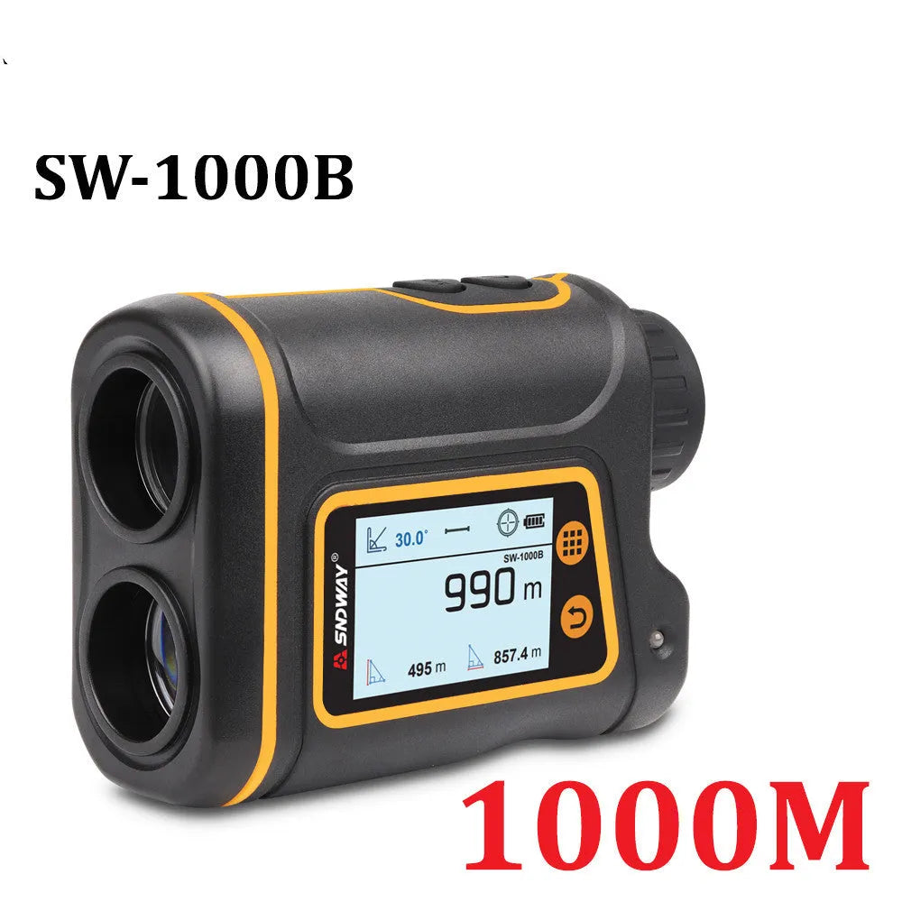 Black handheld golf laser rangefinder unit showing compact size and display.
