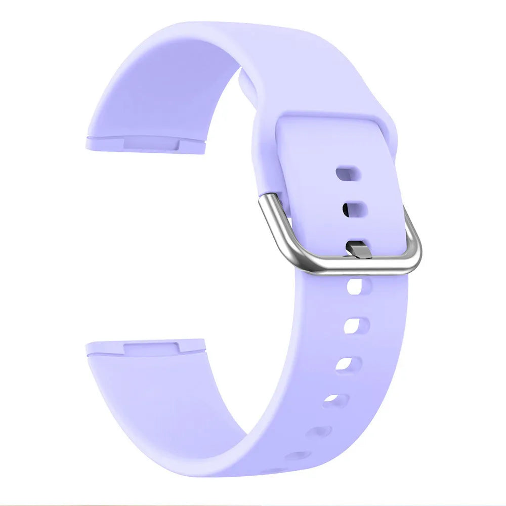 Solid colour silicone replacement strap with silver buckle for Fitbit Versa 3 and Sense 2 smartwatches.