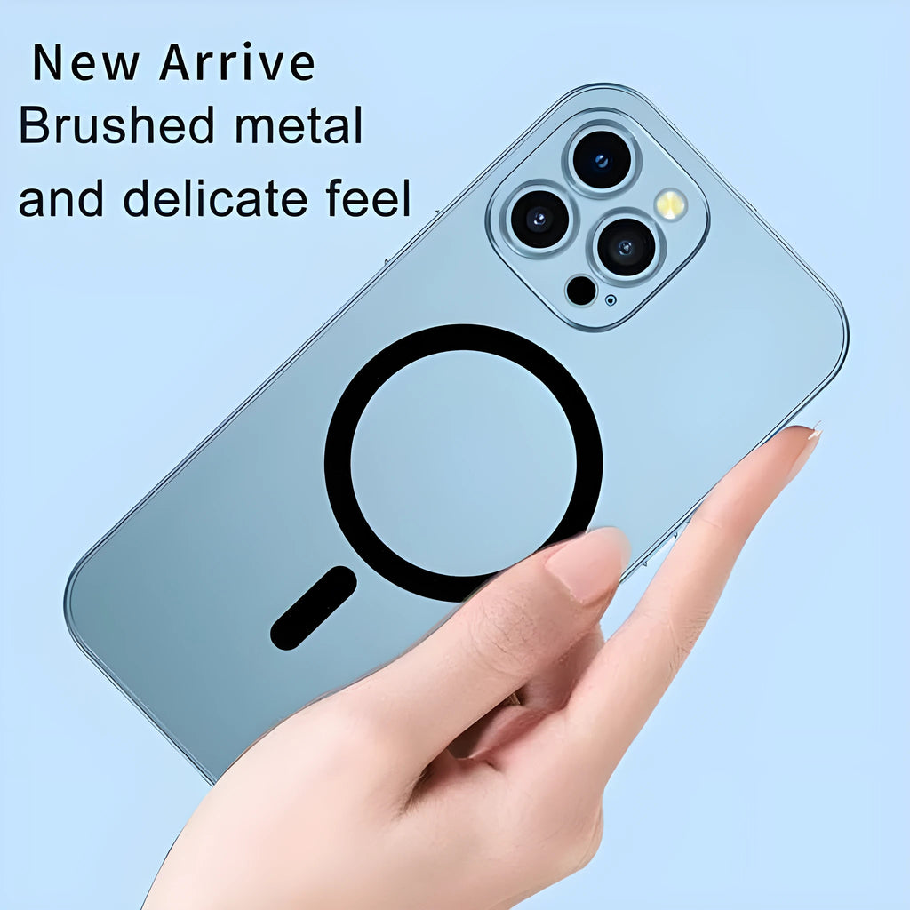 iPhone protective case with aluminium alloy frame in dark purple colour with magnetic snap.
