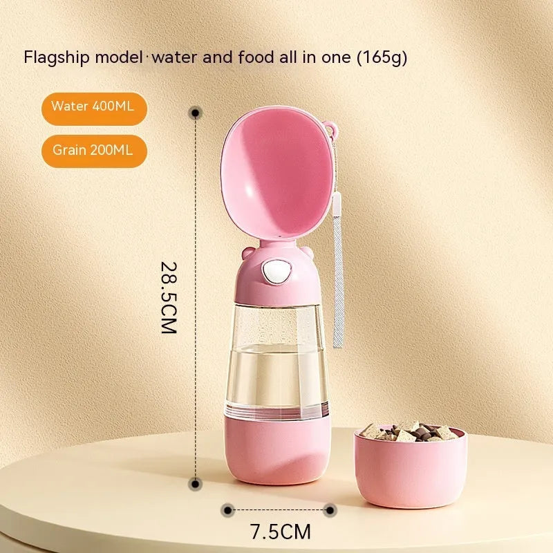 Portable plastic dog water bottle with an attached drinking bowl in yellow, pink, or brown.