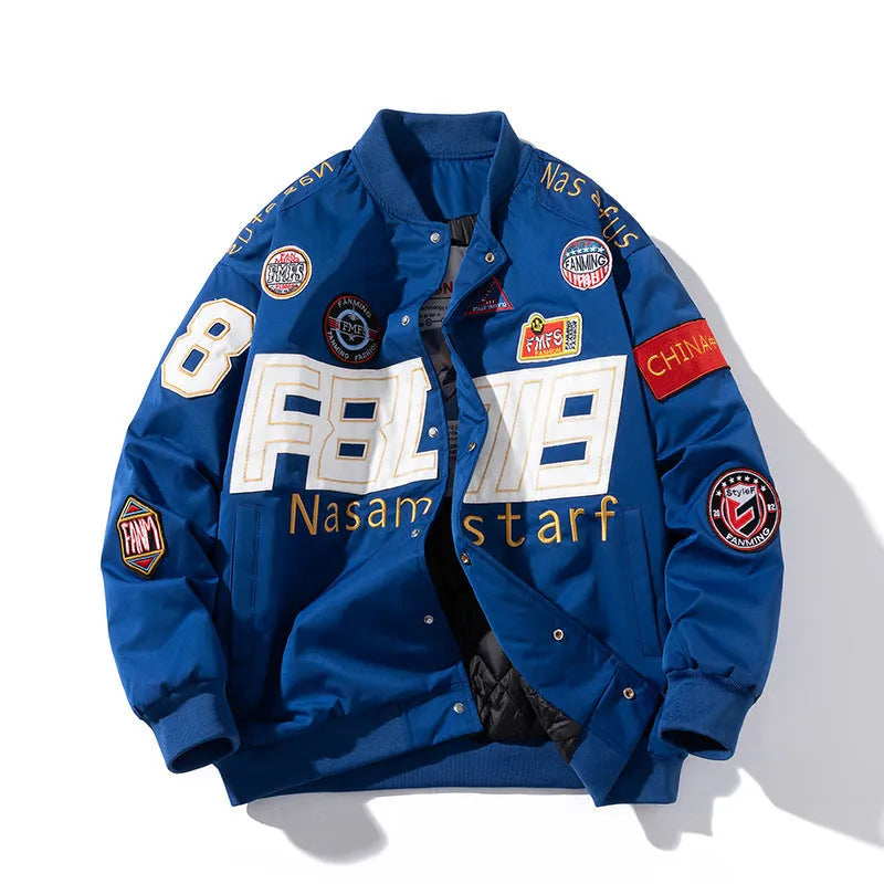 Black American motorcycle-style loose-fit baseball jacket with side pocket, shown with detachable hood.
