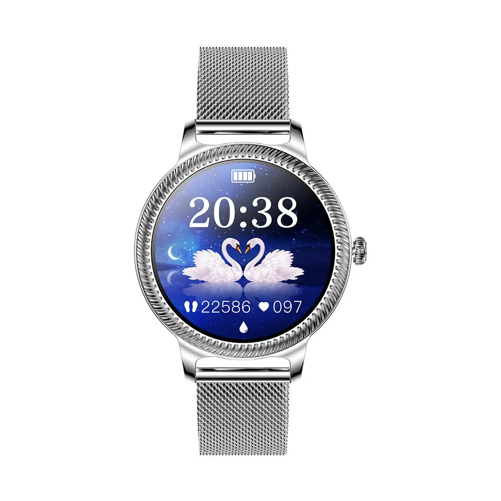 AK38 ladies smart watch with stainless steel wristband on wrist showing 1.09-inch screen