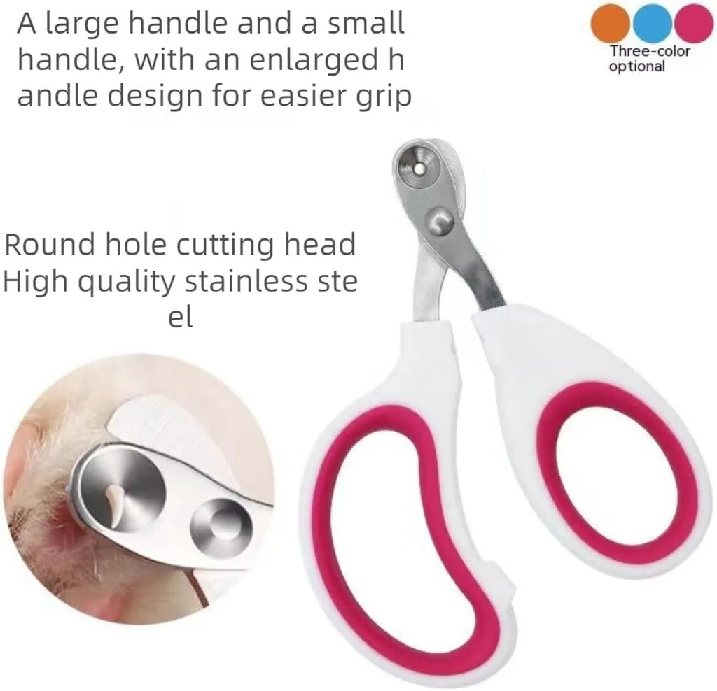 Blue cat nail clippers with a circular guard hole and cushioned non-slip handles on a white background.