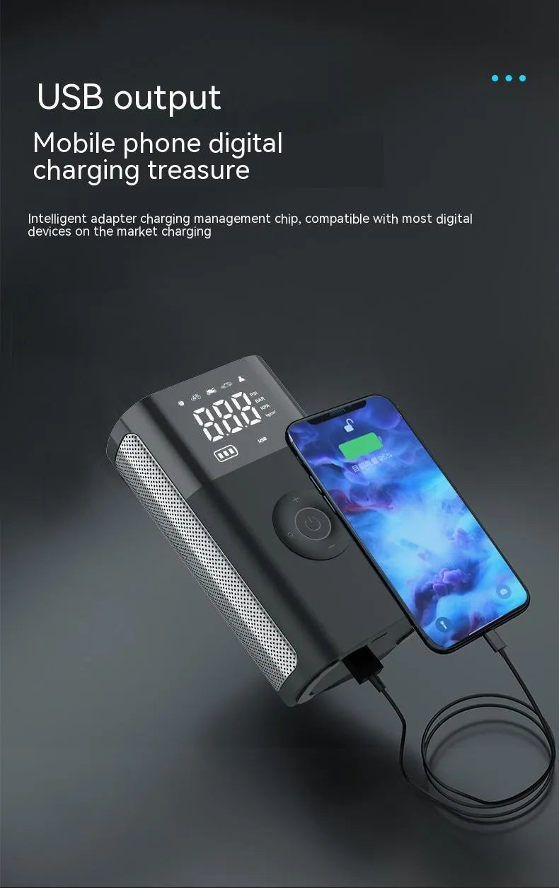 Wireless digital display air pump with LED light showing tyre pressure reading on screen