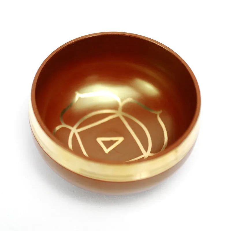 Seven colourful handmade Himalayan-style bowl percussion instruments arranged by size and colour
