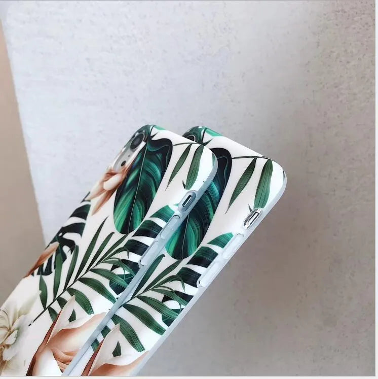 Soft TPU floral phone back cover with banana leaf art for iPhone, shown in flower leaves colour.