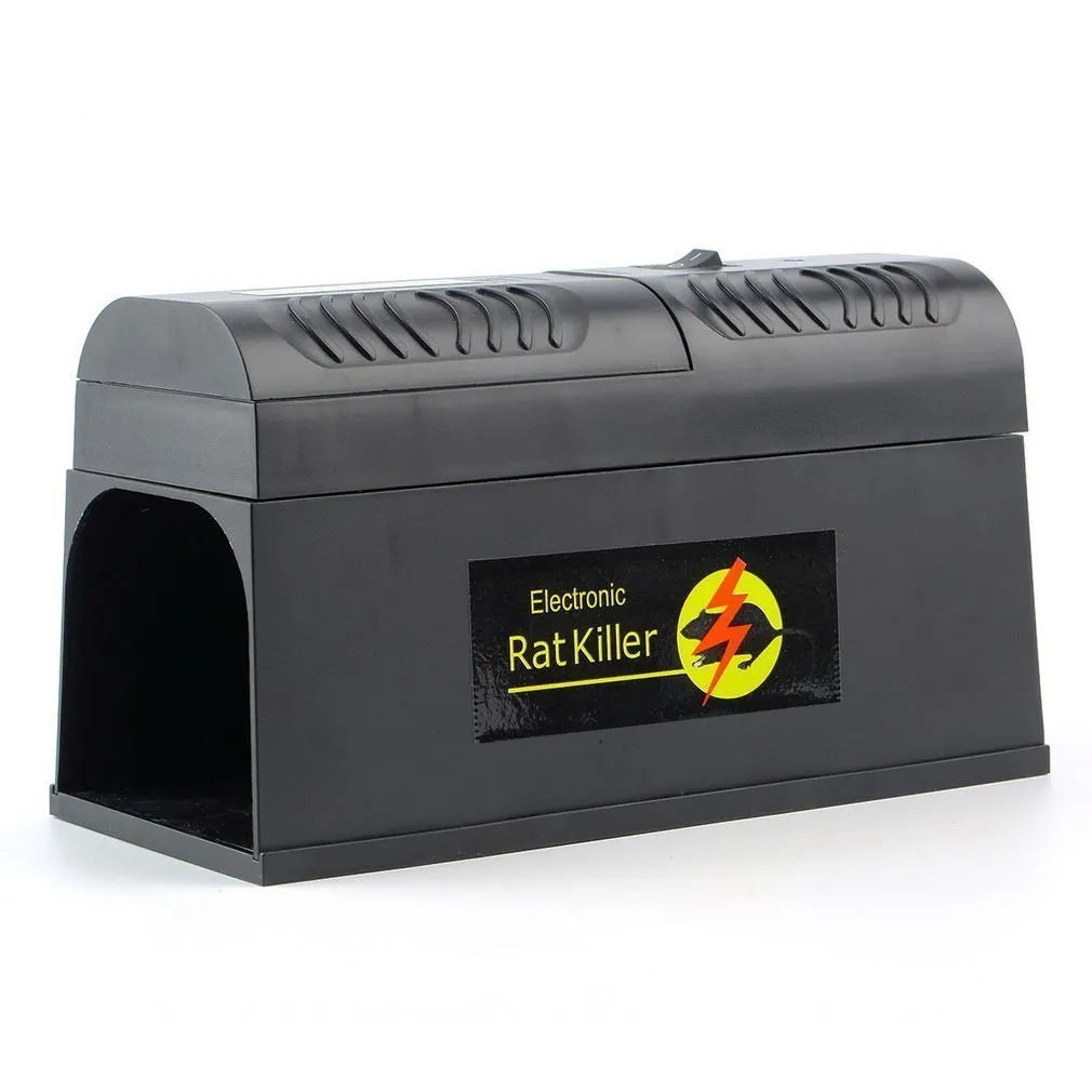 Black high voltage electronic rodent killer unit with choice of UK, EU, or US plug types.