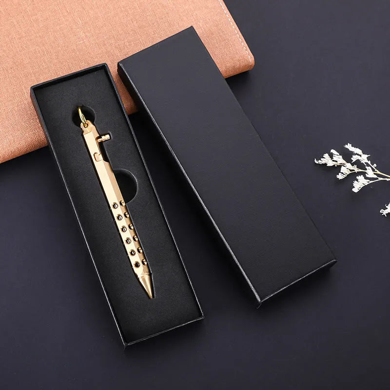 Brass hexagonal bolt pen with 0.5mm tip showing hexagonal profile and signature roller mechanism