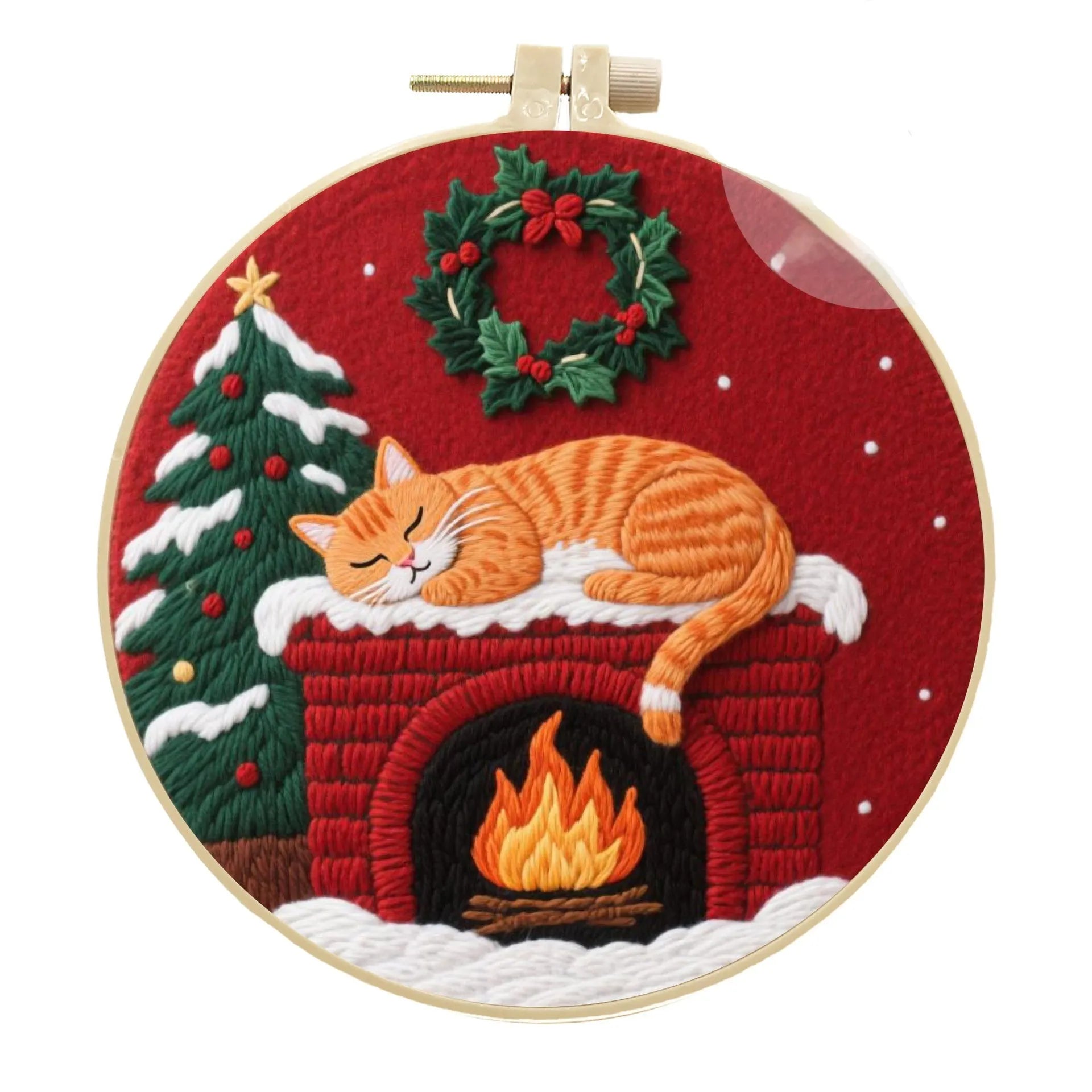 Cat embroidery DIY material package with autumn fruit designs on cotton linen fabric and 20cm bamboo frame