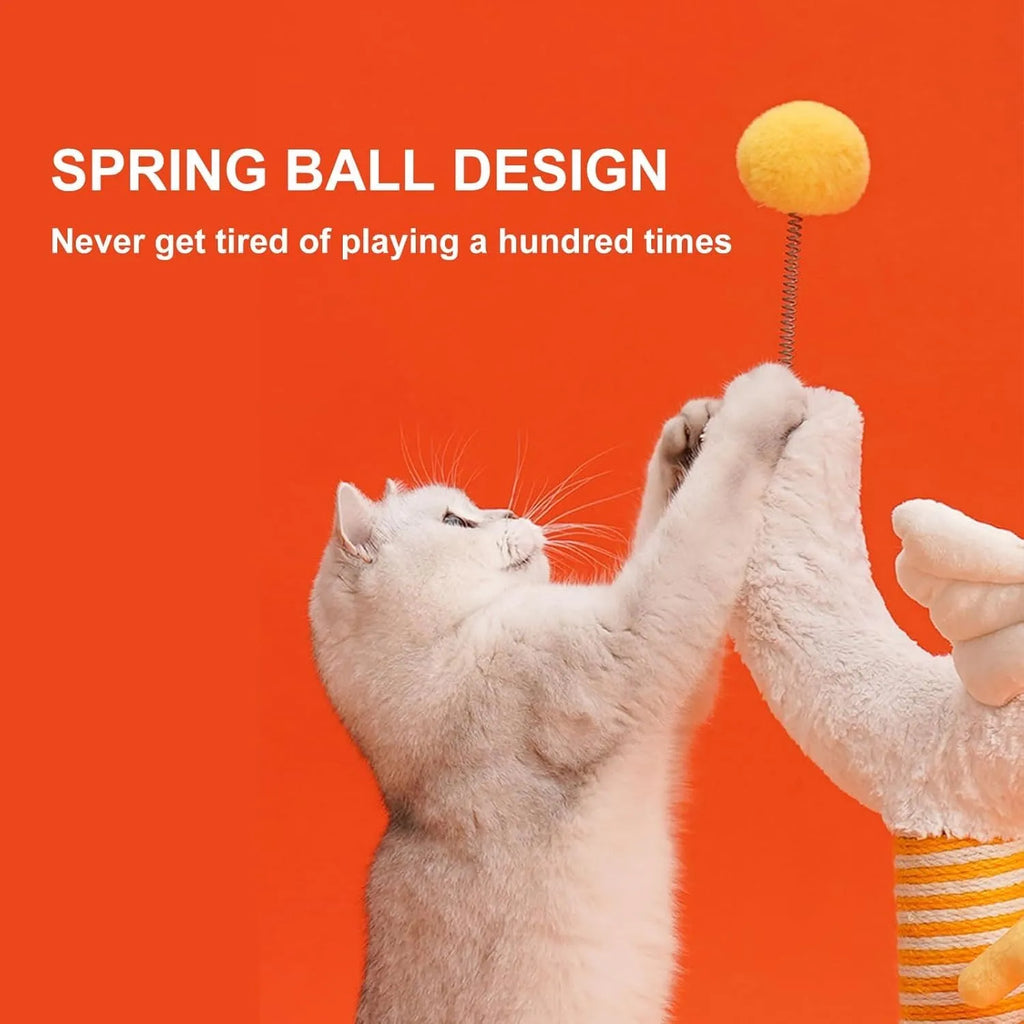 Yellow sisal rope cat scratching post with spring ball and chicken strip design