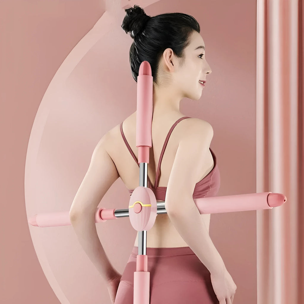 Children's pink and blue adjustable open back stick for yoga and fitness.