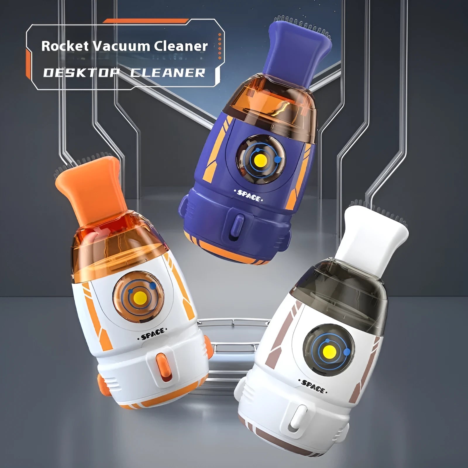 USB-powered handheld desktop vacuum cleaner in blue rocket design on a wooden desk.
