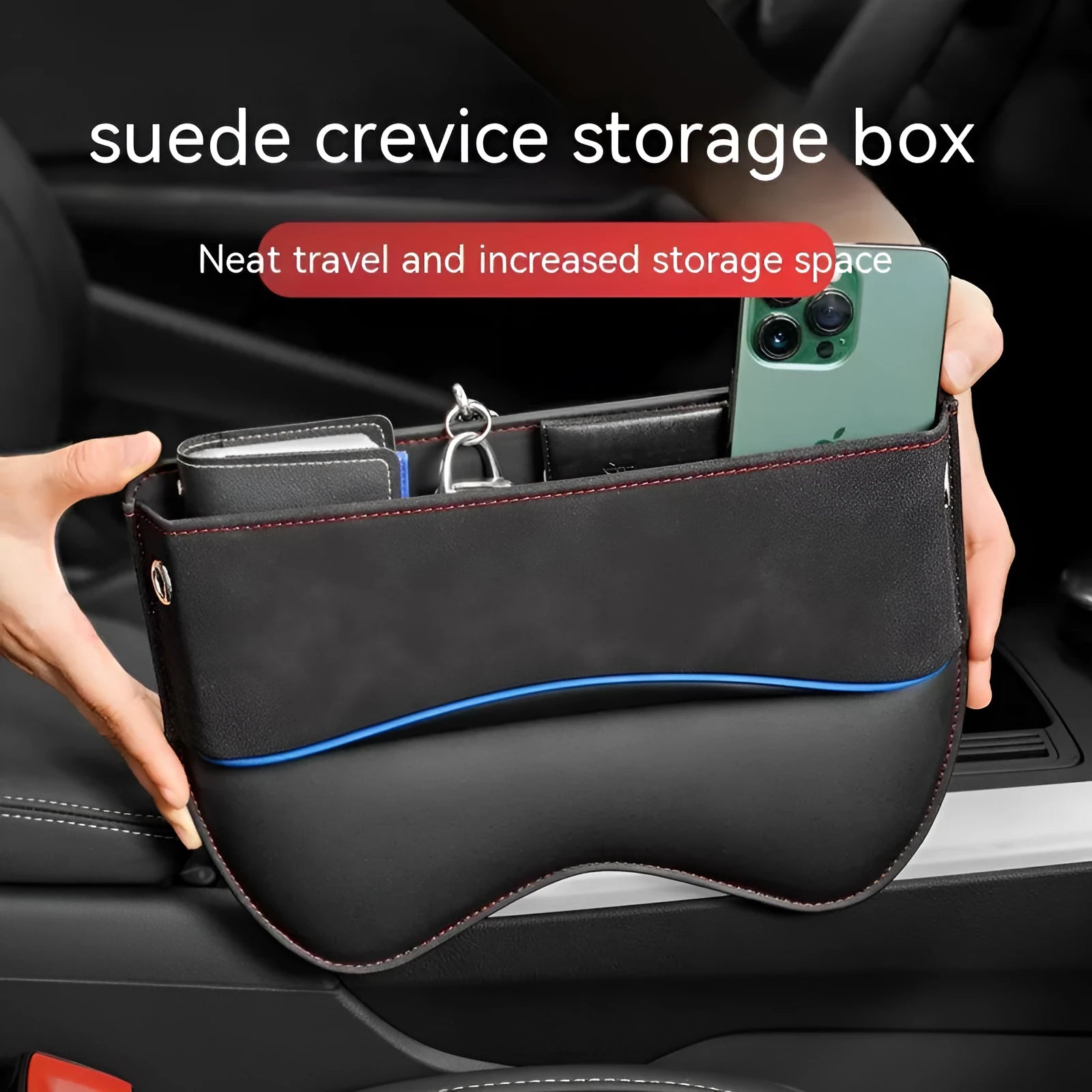 Black PU leather car seat storage box placed on a vehicle seat.