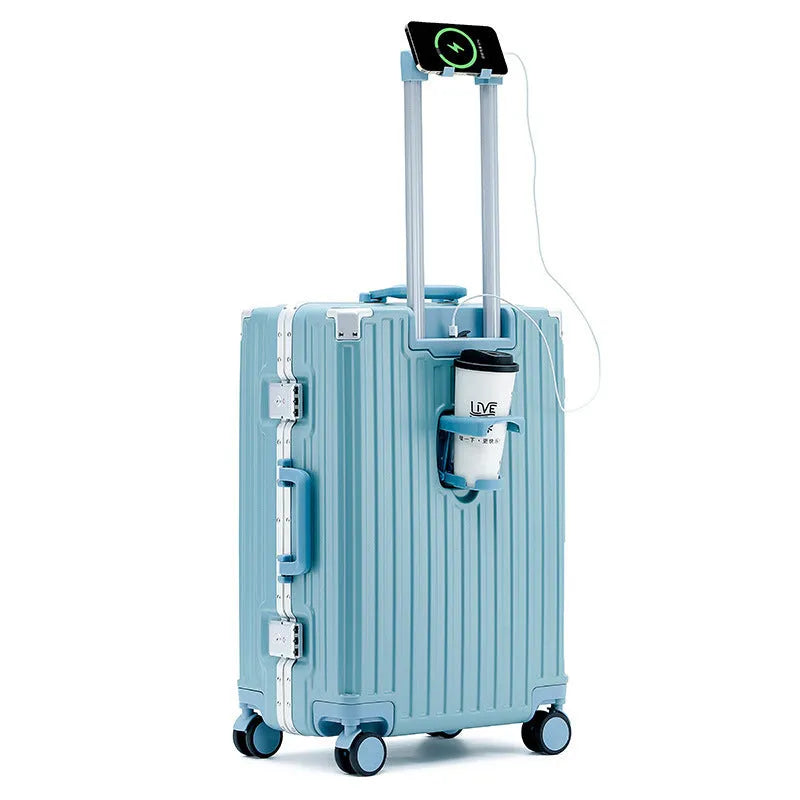 Aluminium frame trolley suitcase with USB port and universal wheels in avocado green colour.