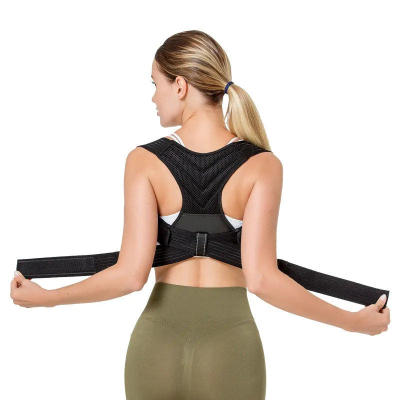 Black adjustable anti-humpback posture correction belt worn on torso