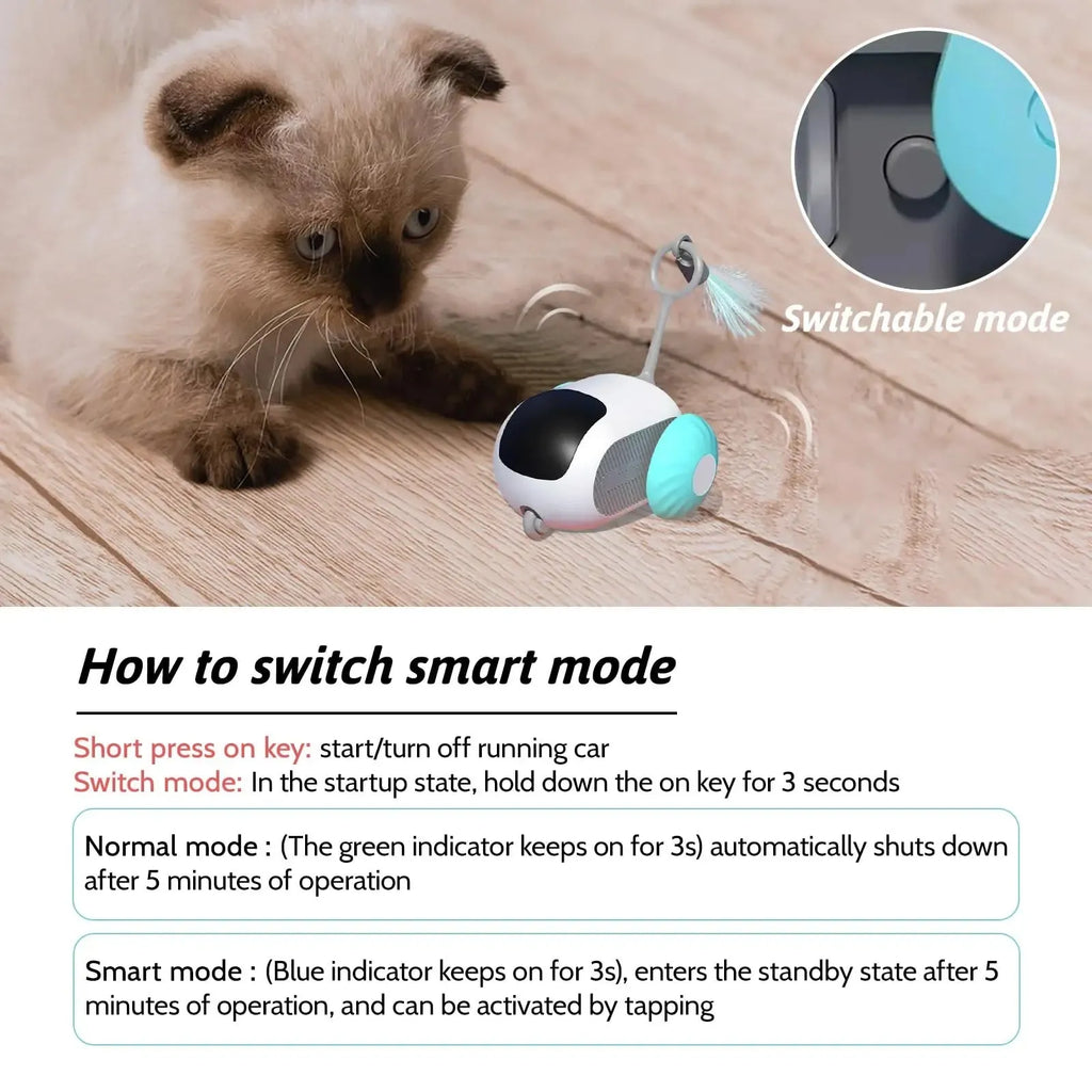 Blue and orange smart remote control cat toy car with feather teaser attachment on a home floor.