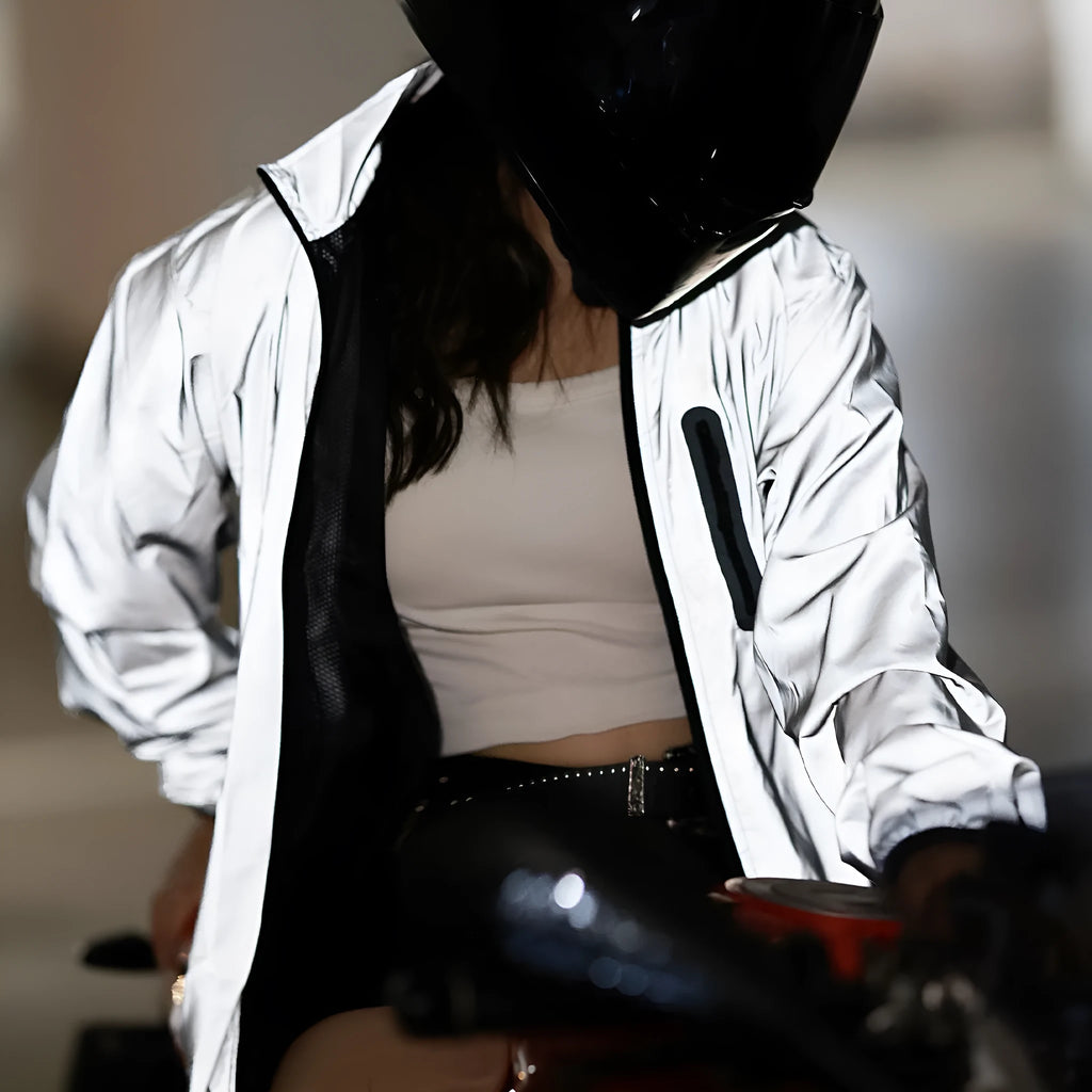 Silver waterproof polyester windproof long sleeved jacket showing front view
