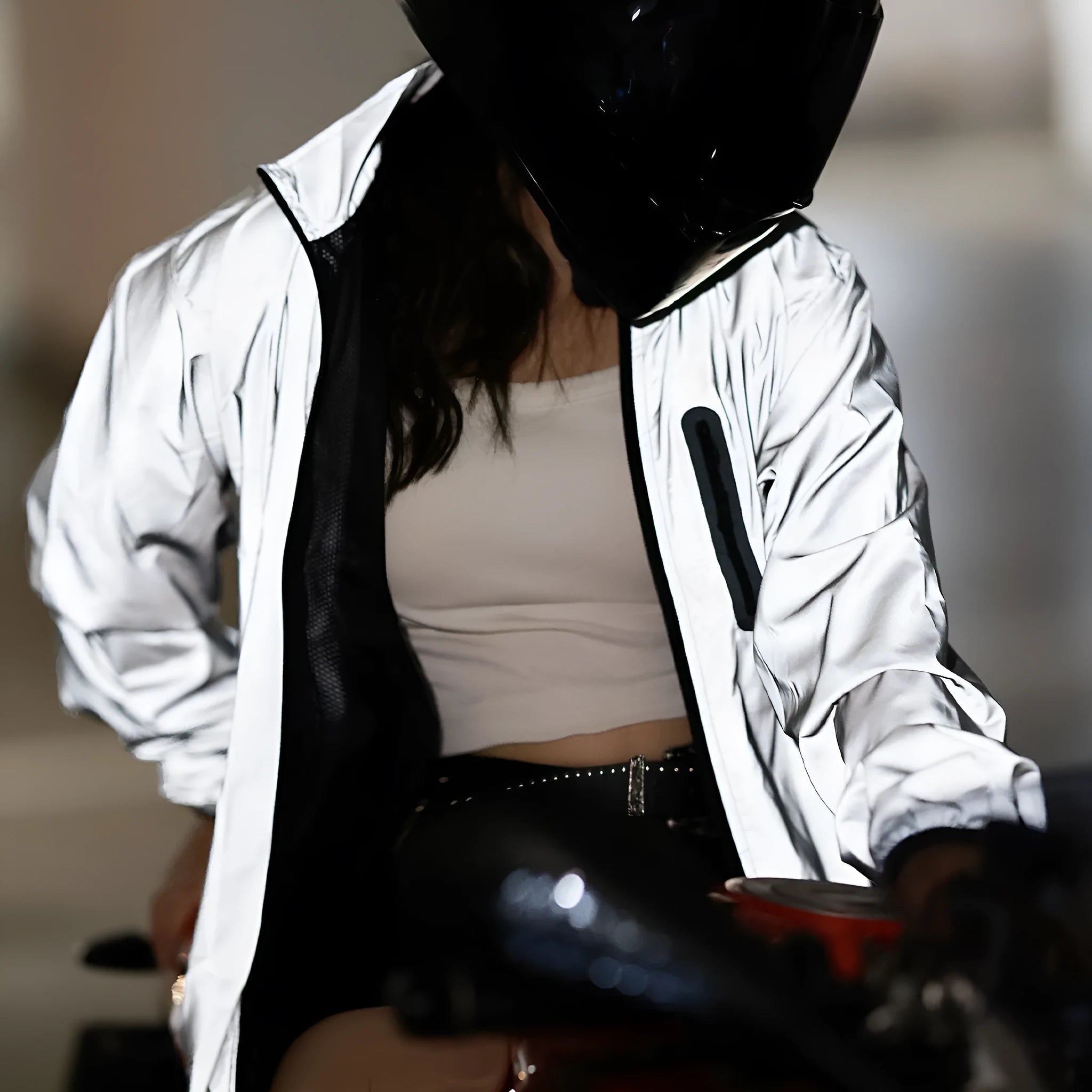 Silver waterproof polyester windproof long sleeved jacket showing front view