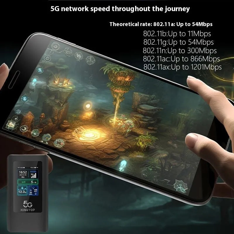 Black 5G portable Wi-Fi router with LCD display and TYPE-C port