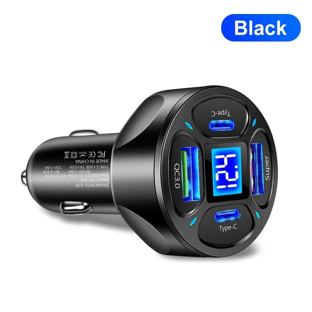 Black 66W digital display car charger with two USB ports and two Type-C ports.