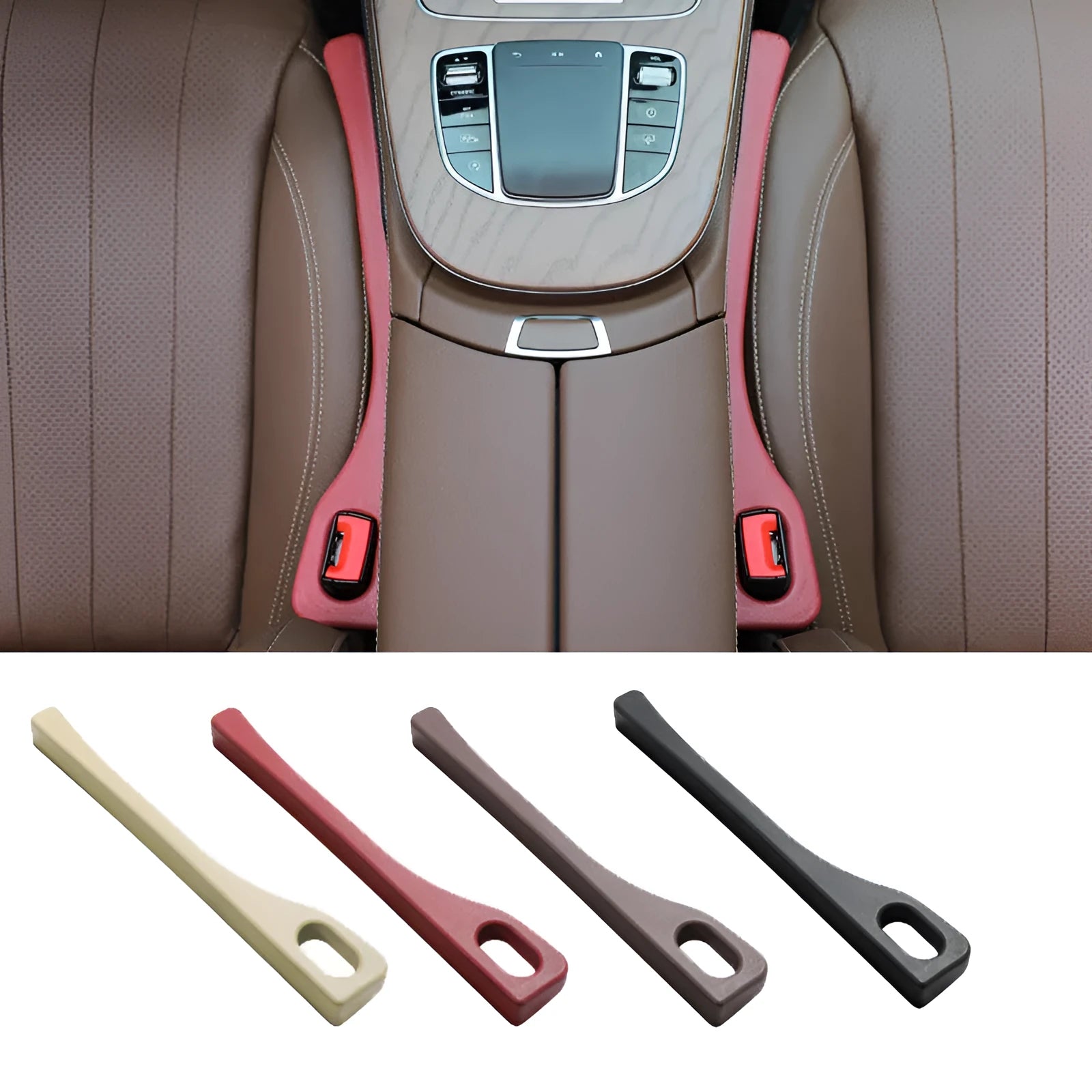 Polyurethane car seat gap filler strip in black colour, shown next to a vehicle centre console.