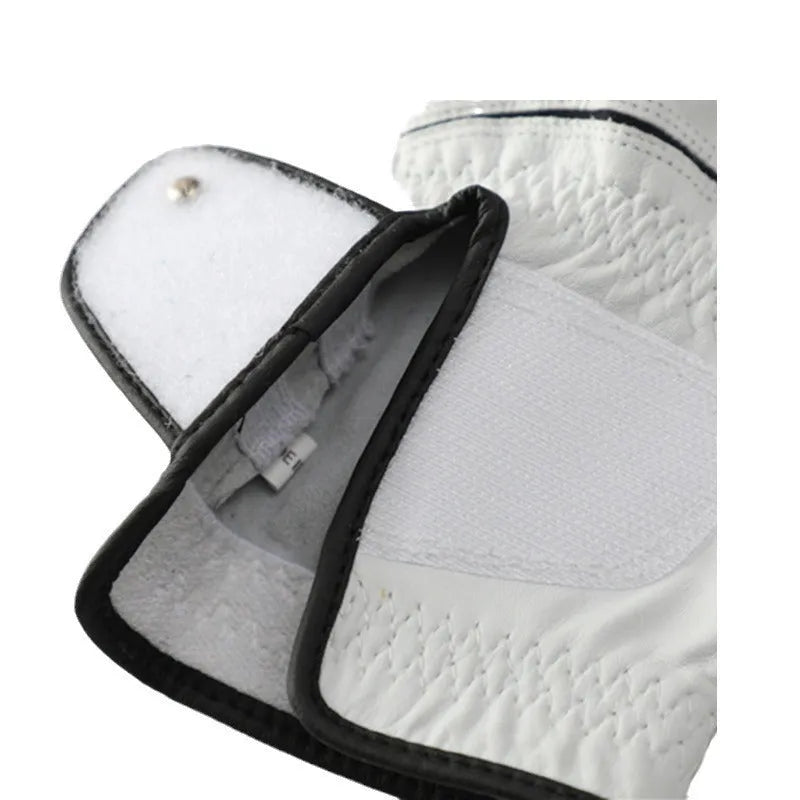 A white men's golf glove made from half sheepskin leather, showing a non-slip palm.
