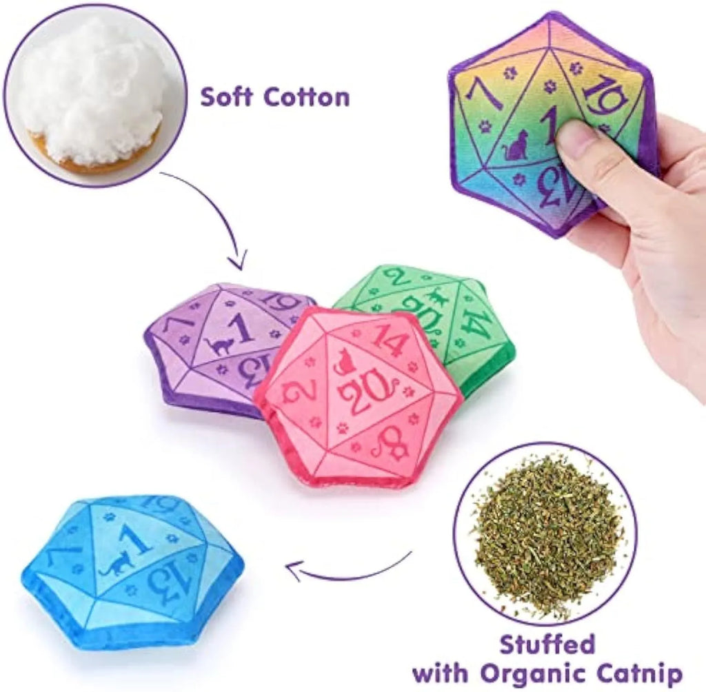 Soft plush DND dice cat toy with organic catnip filling in multiple colour options