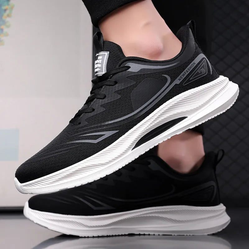 Men's summer casual shoes with fly woven mesh upper and rubber sole in black, black blue, and gray green colours