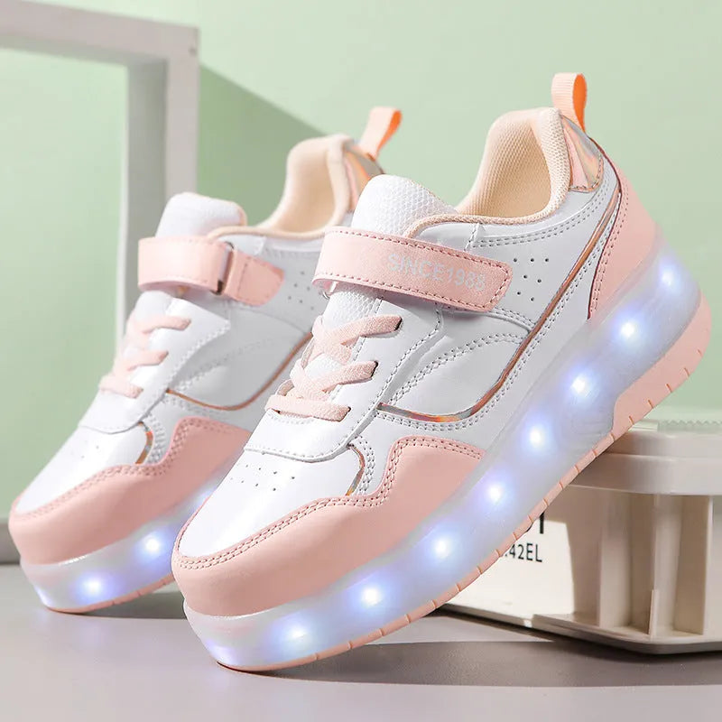 Children's charging flash rollerskates with LED lights in pink colour