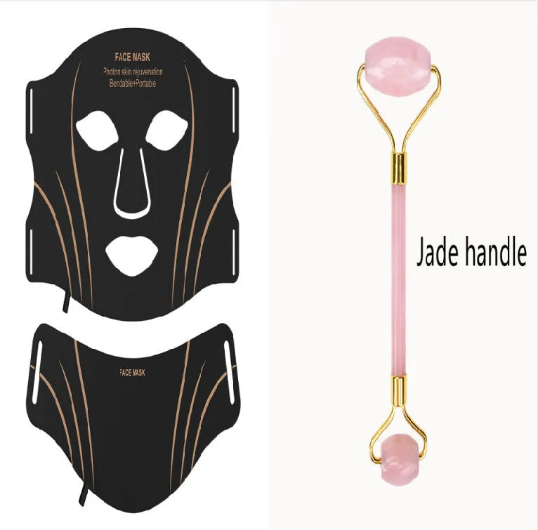 Black and gold LED facial beauty mask with headband and touch screen controls.