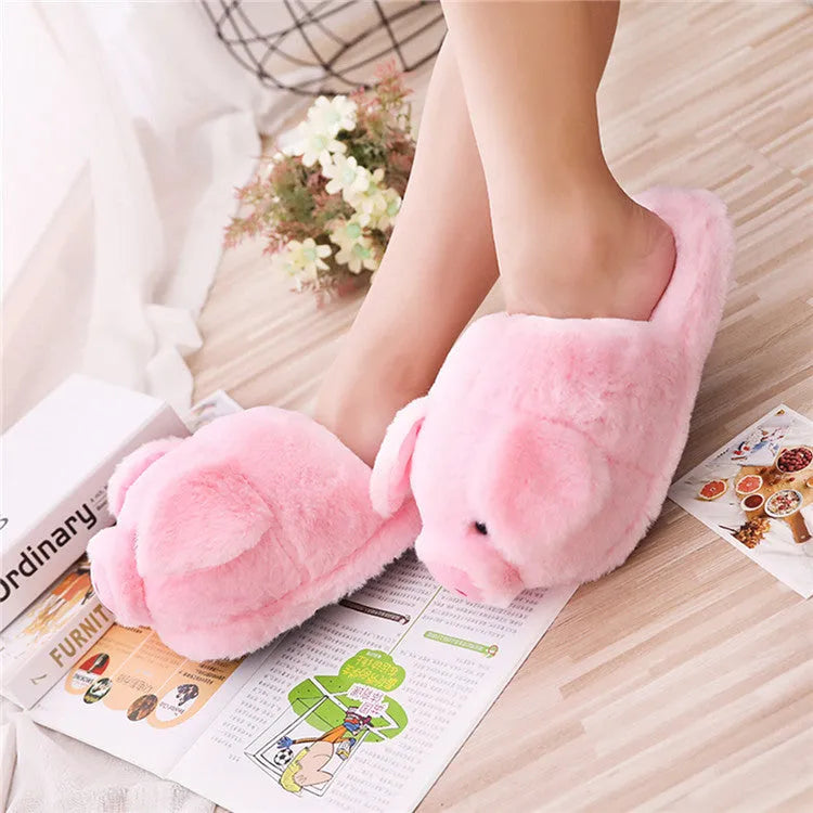 Pink pig animal design plush floor slippers for women indoor home wear