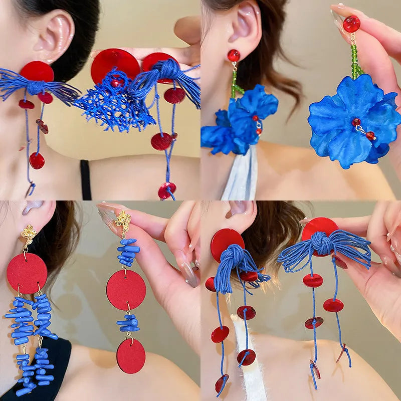 Women's geometric cloth earrings with silver needle colour and blue resin flower accents