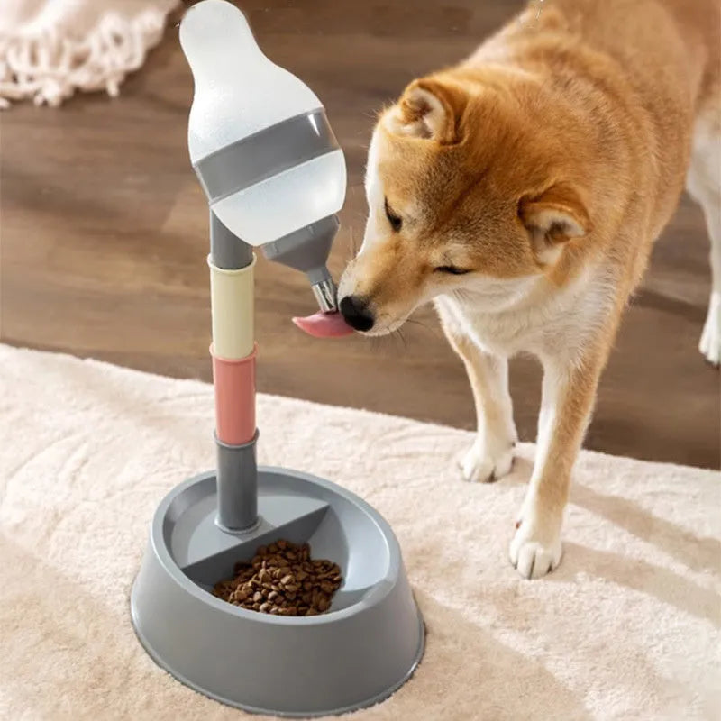 Green adjustable standing pet water dispenser with detachable pole and separate bowl on a stable base.