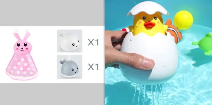 Whale-shaped baby bath toy with automatic water spray and colourful lights floating in water.