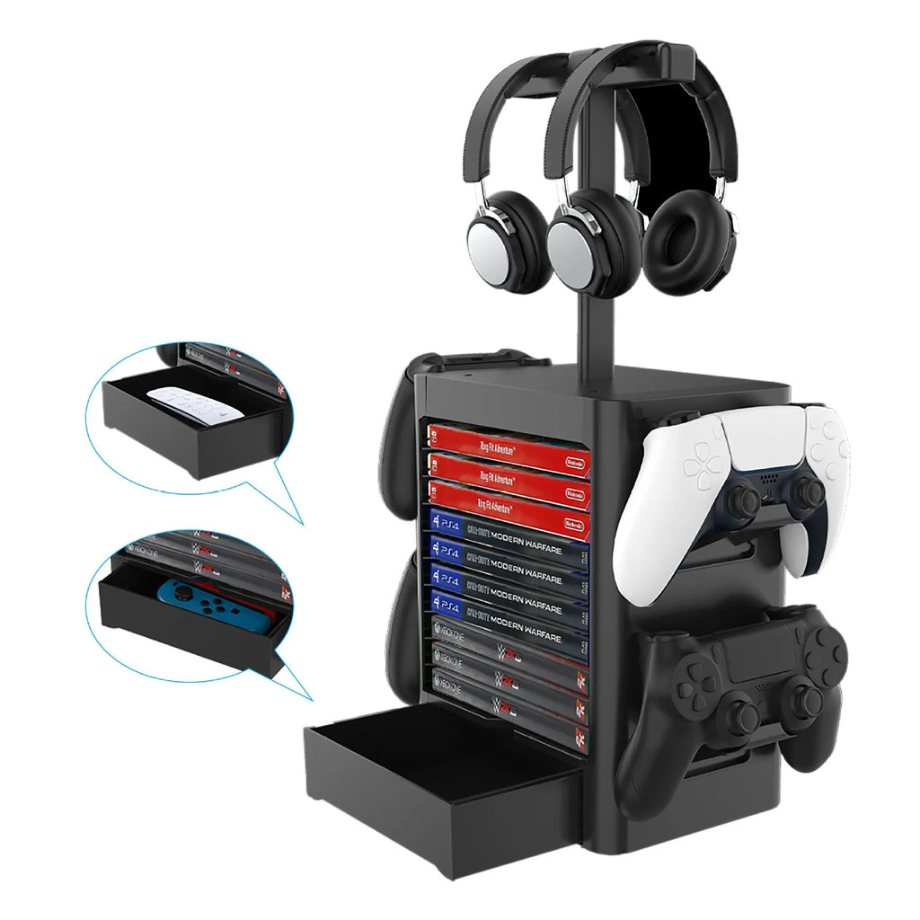 Black gaming console CD storage rack with headphone top, side controller hooks, and bottom accessory drawer